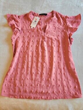 NWT Merokeety Women Large Pink Swiss Sot Ruffle Sleeve V Neck Blouse